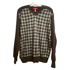 Marc Ecko Cut & Sew Men’s V Neck Checked Sweater Cotton Black Gray‎ Size XL